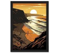 Artery8 Atmospheric Sunset at Beach Cove Coastal Landscape Artwork Framed A3 Wall Art Print
