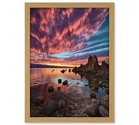 Artery8 Atmospheric Sunset Clouds Over Mono Lake Lakeside Landscape Modern Watercolour Painting Artwork Framed A3 Wall Art Print