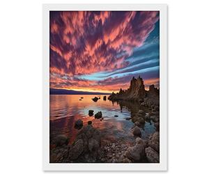 Artery8 Atmospheric Sunset Clouds Over Mono Lake Lakeside Landscape Modern Watercolour Painting Artwork Framed A3 Wall Art Print