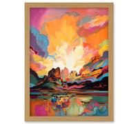 Atmospheric Sunset Clouds Vibrant Colour Lakescape Modern Watercolour Painting Artwork Framed Wall Art Print A4 Artery8 Light Oak One Size