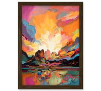 Atmospheric Sunset Clouds Vibrant Colour Lakescape Modern Watercolour Painting Artwork Framed Wall Art Print A4 Artery8 Brown One Size