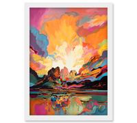Atmospheric Sunset Clouds Vibrant Colour Lakescape Modern Watercolour Painting Artwork Framed Wall Art Print A4 Artery8 White One Size