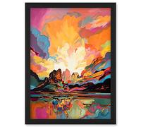 Artery8 Atmospheric Sunset Clouds Vibrant Colour Lakescape Modern Watercolour Painting Artwork Framed Wall Art Print A4