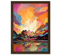 Atmospheric Sunset Clouds Vibrant Colour Lakescape Modern Watercolour Painting Artwork Framed Wall Art Print A4 Artery8 Brown One Size