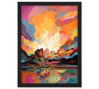 Artery8 Atmospheric Sunset Clouds Vibrant Colour Lakescape Modern Watercolour Painting Artwork Framed Wall Art Print A4 in Black Artery8 Black