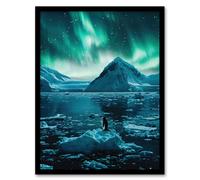 Artery8 Aurora Australis Penguin Antarctica Ice Landscape Framed Art Print in Blue | Size: A4 Artery8 Blue A4