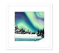 Artery8 Aurora Borealis Northern Lights Night Sky Over Snowy Countryside Landscape Painting Square Wooden Framed Wall Art Print Picture 8X8 Inch Artery8 White