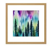 Artery8 Aurora Borealis Over Forest Landscape Modern Watercolour Illustration Square Wooden Framed Wall Art Print Picture 8X8 Inch in Light Oak Artery8 Light Oak