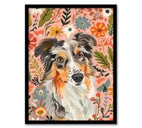 Artery8 Framed Wall Art Australian Sheepdog Floral Portrait Watercolour - 12X16 Inch