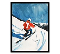 Artery8 Austria Skier Skiing Winter Sport Ski Watercolour Framed Art Print in Blue | Size: W12" x H16" Artery8 Blue W12" x H16"