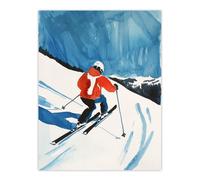 Austria Skier Skiing Winter Sport Ski Watercolour Wall Art Print Artery8 Blue W12 inch x H16 inch