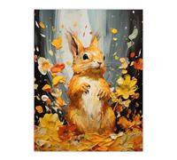 Artery8 Autumn Again Red Squirrel In Amber Leaves Orange Heavy Oil Painting Large Wall Art Poster Print Thick Paper 18X24 Inch