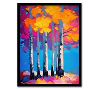 Artery8 Autumn Birch Trees Vibrant Abstract Painting Framed Art Print in Pink | Size: A4 Artery8 Pink A4