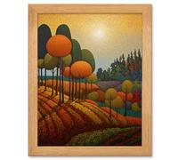 Artery8 Autumn Fields - Pointillism Countryside Landscape - Oak Wood Framed Print