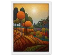 Artery8 Autumn Fields Pointillism Painting Amber Orange Green Countryside Landscape Artwork Framed Wall Art Print A4