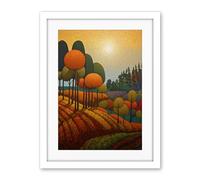 Artery8 Autumn Fields Pointillism Painting Amber Orange Green Countryside Landscape Artwork Framed Wall Art Print 18X24 Inch