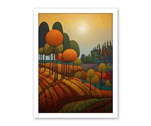Artery8 Autumn Fields Pointillism Painting Amber Orange Green Countryside Landscape Artwork Framed Wall Art Print 18X24 Inch
