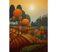 Artery8 Autumn Fields Pointillism Painting Amber Orange Green Countryside Landscape Large Wall Art Poster Print Thick Paper 18X24 Inch