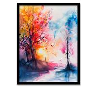 Artery8 Autumn Forest Sunrise Dream Watercolour Painting Living Room Artwork Framed Wall Art Print A4