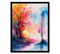Artery8 Autumn Forest Sunrise Dream Watercolour Painting Wall Art Print - A4 Size