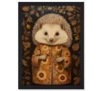 Artery8 Autumn Hedgehog in Sunflower Robe Modern Artwork Framed A3 Wall Art Print