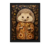 Artery8 Autumn Hedgehog in Sunflower Robe Modern Artwork Framed Wall Art Print 18X24 Inch
