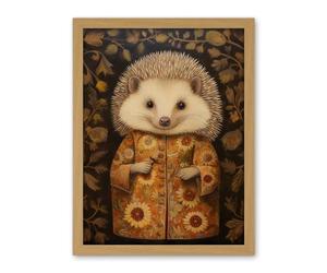 Artery8 Autumn Hedgehog in Sunflower Robe Modern Artwork Framed Wall Art Print 18X24 Inch