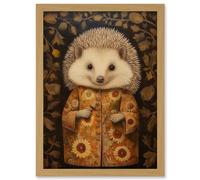 Artery8 Autumn Hedgehog in Sunflower Robe Modern Artwork Framed Wall Art Print A4