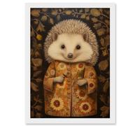 Artery8 Autumn Hedgehog in Sunflower Robe Modern Artwork Framed Wall Art Print A4