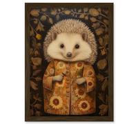 Artery8 Autumn Hedgehog in Sunflower Robe Modern Artwork Framed Wall Art Print A4
