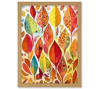 Artery8 Autumn Leaves With Multicoloured Patterns Folk Art Watercolour Painting Artwork Framed A3 Wall Art Print