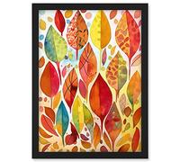Artery8 Autumn Leaves With Multicoloured Patterns Folk Art Watercolour Painting Artwork Framed A3 Wall Art Print