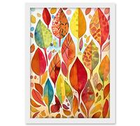 Artery8 Autumn Leaves With Multicoloured Patterns Folk Art Watercolour Painting Artwork Framed A3 Wall Art Print