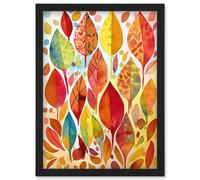 Artery8 Autumn Leaves With Multicoloured Patterns Folk Art Watercolour Painting Wall Art Print - A4 Size