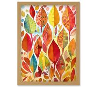 Artery8 Autumn Leaves With Multicoloured Patterns Folk Art Watercolour Painting Artwork Framed Wall Art Print A4 in Light Oak Artery8 Light Oak
