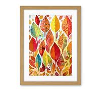 Artery8 Autumn Leaves With Multicoloured Patterns Folk Art Watercolour Painting Artwork Framed Wall Art Print 18X24 Inch