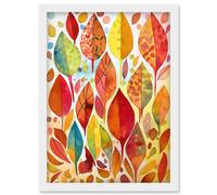 Artery8 Autumn Leaves With Multicoloured Patterns Folk Art Watercolour Painting Artwork Framed Wall Art Print A4 in White Artery8 White