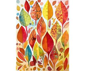 Artery8 Autumn Leaves With Multicoloured Patterns Folk Art Watercolour Painting Large Wall Art Poster Print Thick Paper 18X24 Inch