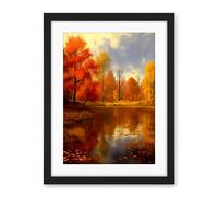 Artery8 Autumn on Steroids Oil Painting Trees by Lake Photorealistic Landscape Warm Artwork Framed Wall Art Print 18X24 Inch