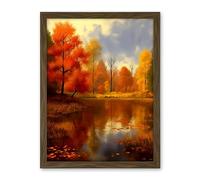 Artery8 Autumn on Steroids Oil Painting Trees by Lake Photorealistic Landscape Warm Artwork Framed Wall Art Print 18X24 Inch