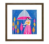 Artery8 Autumn Rainstorm Boho Abstract Lady w/ Umbrella Leaves Colourful Pink Blue Illustration Square Wooden Framed Wall Art Print Picture 8X8 Inch Artery8 Brown