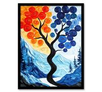 Autumn To Winter Tree Folk Art Mountain Landscape Framed Art Print Artery8 Blue A4