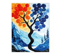 Autumn To Winter Tree Folk Art Mountain Landscape Wall Art Print Artery8 Blue W24 inch x H32 inch