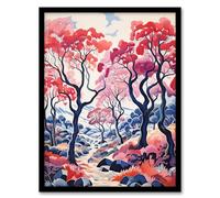 Artery8 Autumn Trees Countryside Landscape Pink and Blue Artwork Framed Wall Art Print A4