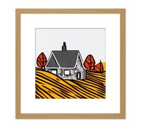 Artery8 Autumn Trees Stone House Farm Land Wheat Field Illustration Square Wooden Framed Wall Art Print Picture 8X8 Inch in Light Oak Artery8 Light Oak