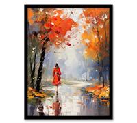 Artery8 Autumn Walk Oil Painting Palette Knife Orange Red Blue Woman Walking Through Park Artwork Framed Wall Art Print A4