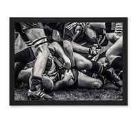 Artery8 B&W Rugby Match Close Up Scrum Teams HDR A4 Artwork Framed Wall Art Print
