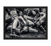B&W Rugby Match Close Up Scrum Teams HDR A4 Artwork Framed Wall Art Print Artery8 Black One Size