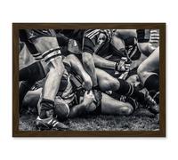 B&W Rugby Match Close Up Scrum Teams HDR A4 Artwork Framed Wall Art Print Artery8 Brown One Size
