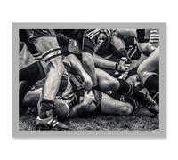 Artery8 B&W Rugby Match Close Up Scrum Teams HDR A4 Artwork Framed Wall Art Print in Light Grey Artery8 Light Grey